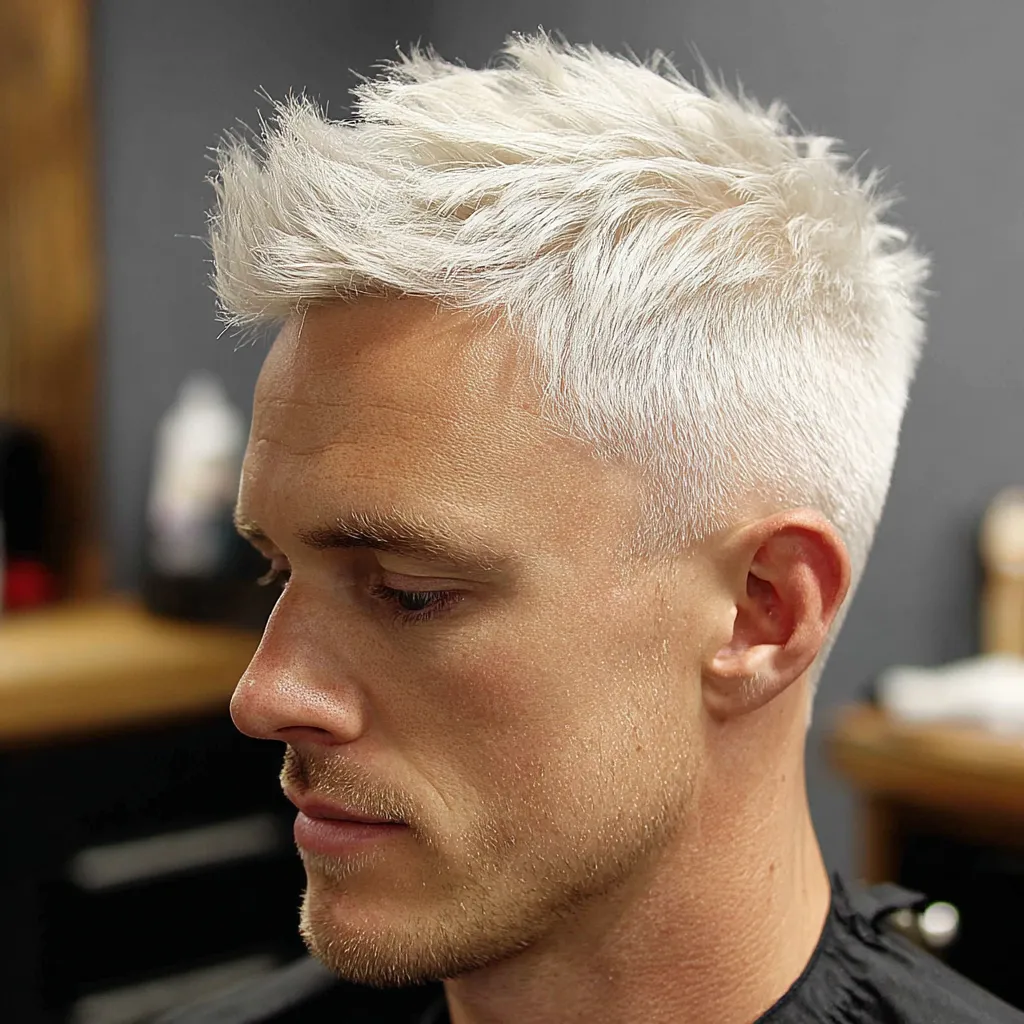 platinum blonde short hair with low fade for men