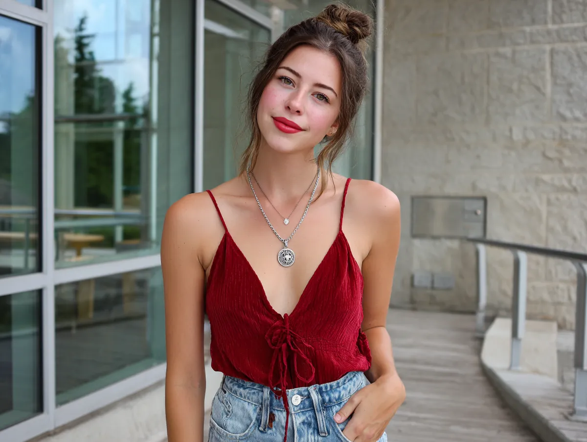 Relaxed Red Tank Top with High-Waisted Denim Shorts - 4