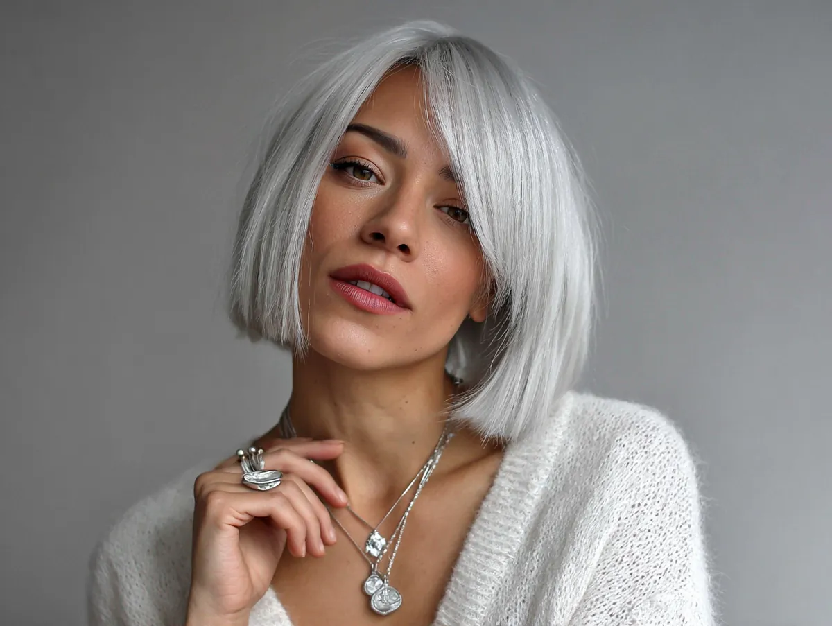 platinum blonde long bob hairstyle sharp cut