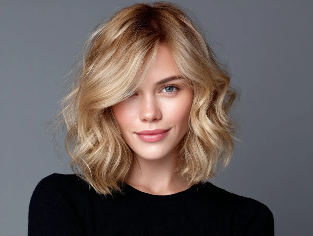 golden blonde long bob hairstyle layered cut