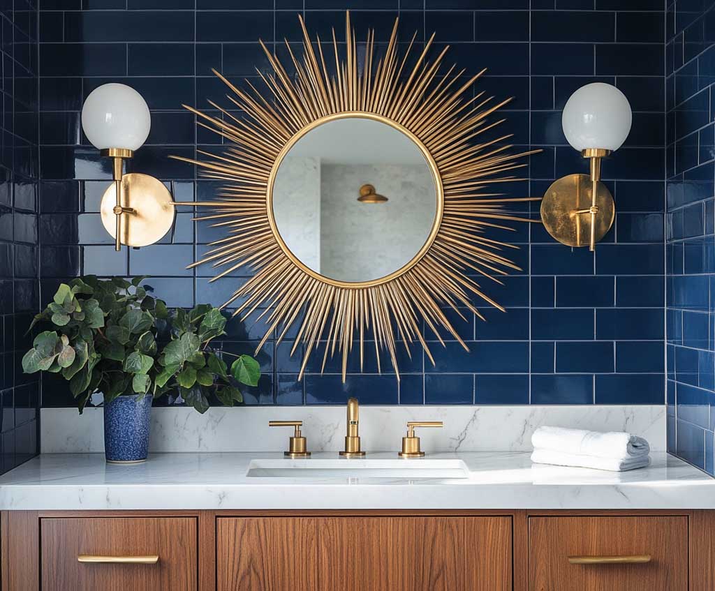 A mid-century modern bathroom with a large, round sunburst mirror above a white marble vanity. The mirror features brass rays extending outward, creating a statement piece against deep blue tiled walls. Brass fixtures and light sconces complement the mirror, while a small plant adds a touch of greenery.