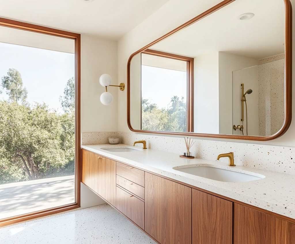A sleek mid-century modern bathroom with a large, rectangular mirror framed in rich walnut wood. The mirror is mounted above a floating white vanity, with terrazzo flooring and brass fixtures complementing the retro aesthetic. Warm natural light filters in from a nearby window, enhancing the natural textures.