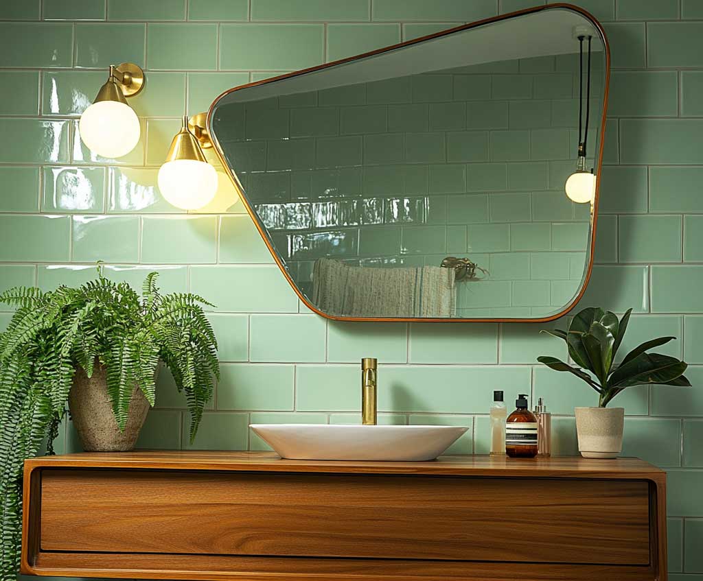 A mid-century modern bathroom with an asymmetrical mirror above a floating wooden vanity. The mirror's irregular shape adds visual interest, set against a backdrop of muted green tiles. Brass fixtures and mid-century light fixtures create a cohesive retro look, with a potted fern adding a natural touch.