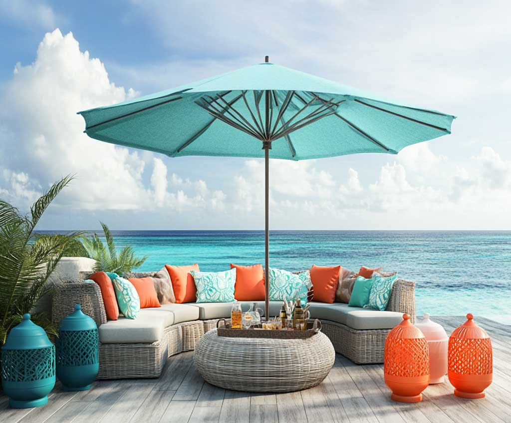 An inviting outdoor patio overlooking the ocean with modern wicker furniture. The seating area features coral and aqua cushions, contrasting against the natural tones of the furniture. A large aqua umbrella provides shade, while coral lanterns and small potted plants enhance the beachy atmosphere. The ocean is visible in the background, with a gentle breeze adding to the peaceful ambiance. The scene is relaxed and elegant, perfect for outdoor gatherings.