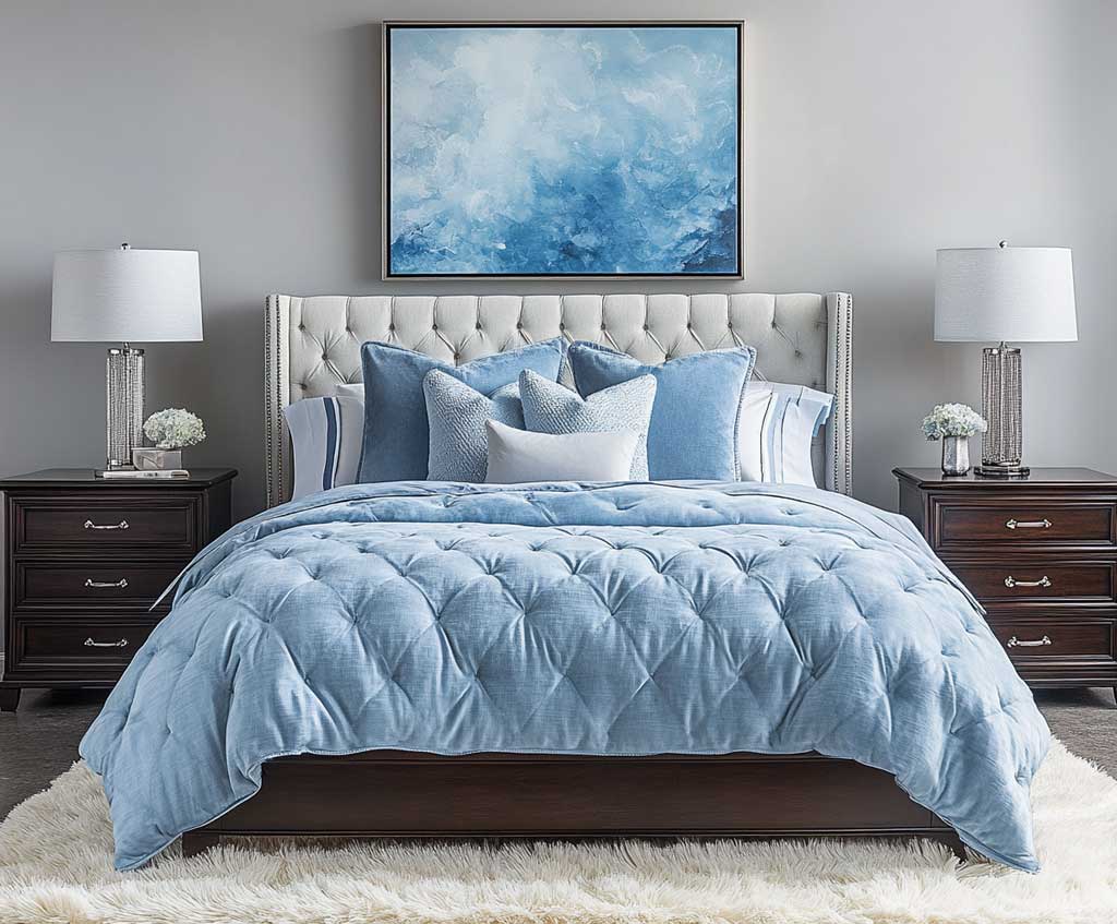 A cozy bedroom featuring soft gray walls, a plush sky blue comforter on a tufted bed, and matching sky blue throw pillows. The room has dark wood furniture, including a large dresser and side tables, with silver lamps on either side of the bed. A fluffy white area rug lies beneath the bed, with a large sky blue abstract painting on the wall above the headboard.