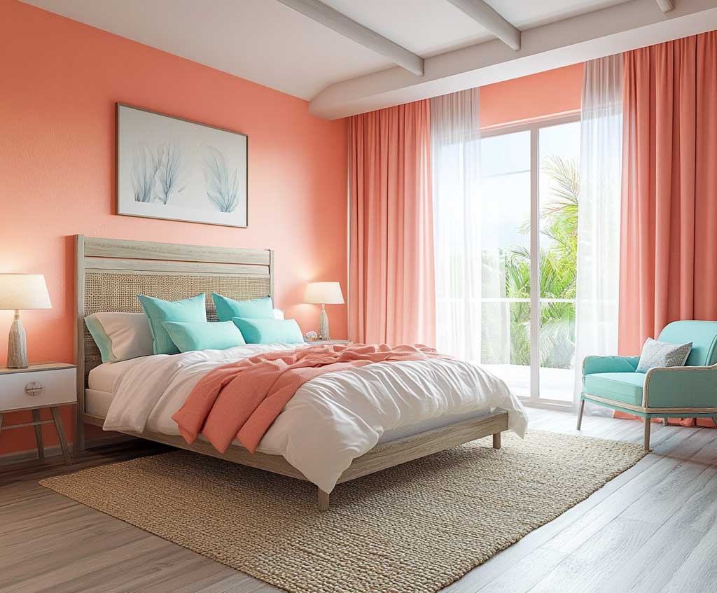A cozy bedroom with coral-painted walls, aqua accent pillows on a white bed, and a woven jute rug. The bed is framed by a wooden headboard, with aqua lamps on white nightstands beside it. The room features an aqua accent chair near a large window with coral curtains. Soft lighting creates a warm atmosphere, with minimal decor to keep the space open and inviting.