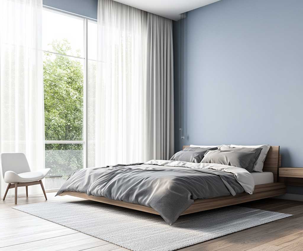A tranquil bedroom with sky blue walls, soft gray bedding on a low-profile wooden bed, and light wood flooring. A large floor-to-ceiling window lets in natural light, with sheer white curtains adding softness. A soft gray area rug complements the bedding, and a modern white chair sits in the corner. The room is styled with minimal decor, creating a light and airy feel.