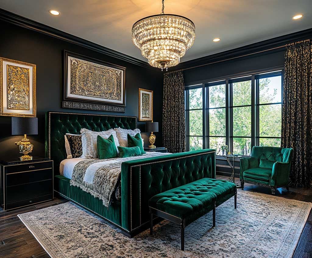 A luxurious bedroom with a black velvet headboard and emerald green velvet bedding, accented by a sleek black metal nightstand and an emerald green armchair by the window. Dark wooden floors contrast with a soft, patterned area rug. A large chandelier hangs from the ceiling, casting a warm glow over the room. The walls are a deep black with gold-trimmed wall art.