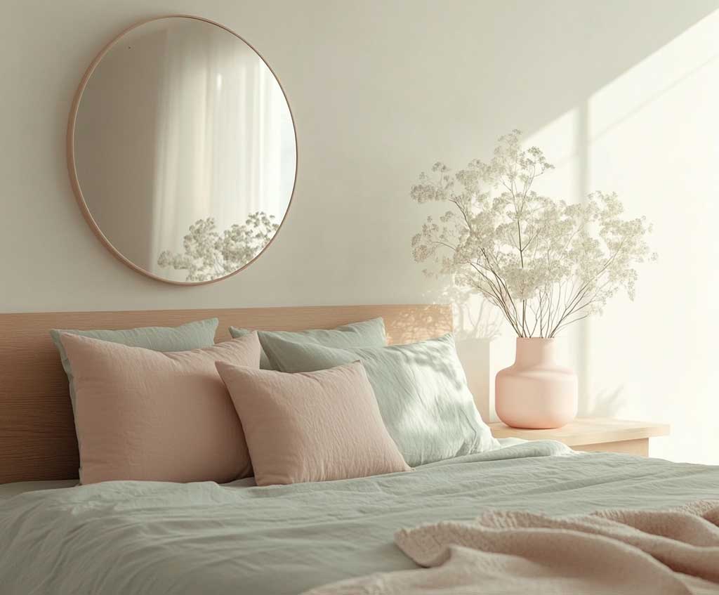 A minimalist bedroom with mint green bedding, pastel pink pillows, and a low-profile wooden bed frame. A single pastel pink vase with white flowers sits on the sleek bedside table, and a large circular mirror reflects the soft colors. The walls are clean white, allowing the pastel accents to pop, with a soft area rug in muted tones for added comfort.