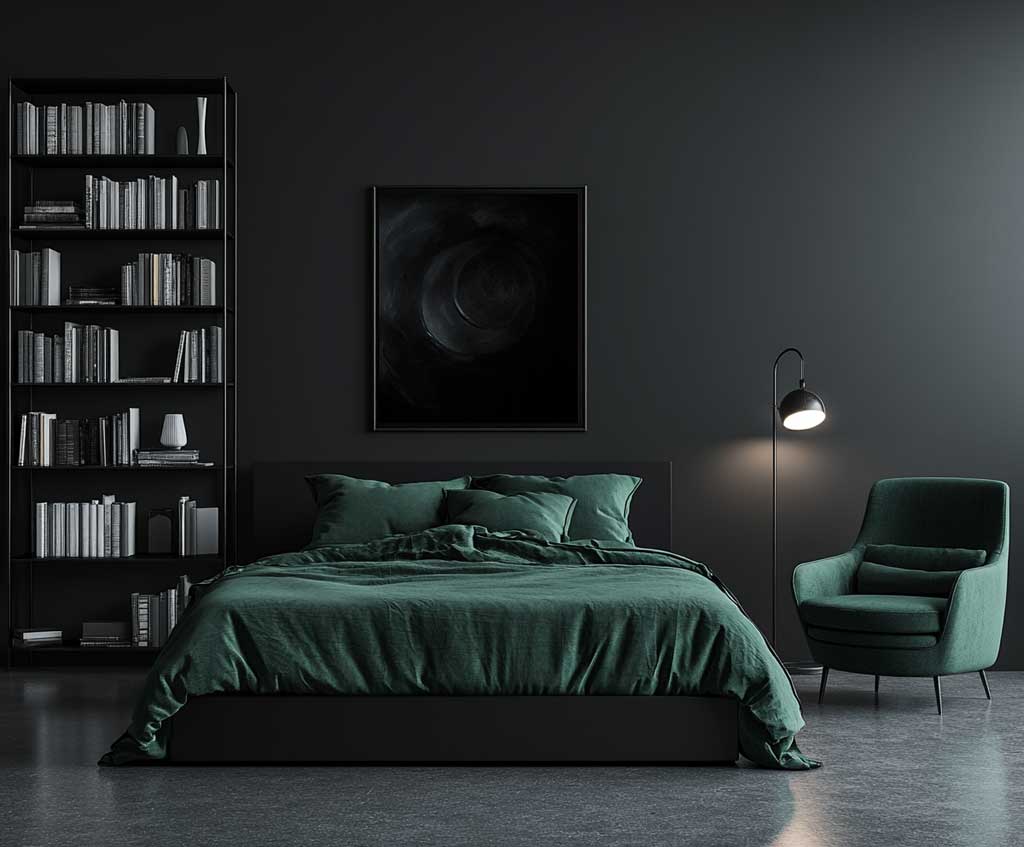 A modern bedroom with matte black walls, a low-profile platform bed with emerald green linens, and black-and-white abstract art above the bed. A sleek emerald green armchair sits beside a tall black bookshelf filled with neatly arranged books. The lighting is minimal, with a floor lamp casting a soft glow, and the space is completed with polished concrete floors.