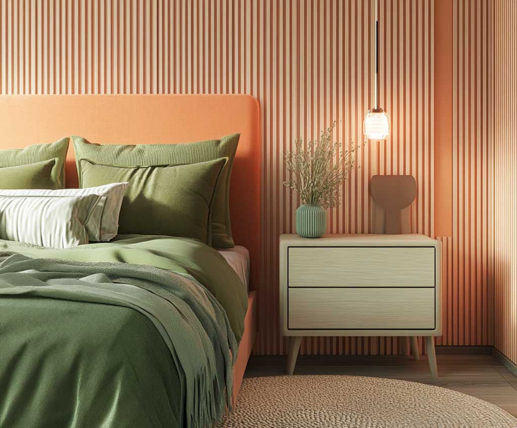 A cozy bedroom featuring vertical peach-colored slat wall panelling covering one accent wall. The slats are sleek and modern, giving the room height and dimension. Olive green bedding complements the peach, with lush cushions and throws in various shades of green. A light wood bedside table sits next to the bed with a modern olive-colored lamp. The floor is covered with a natural fiber rug, and the walls are brightened by soft, natural light.