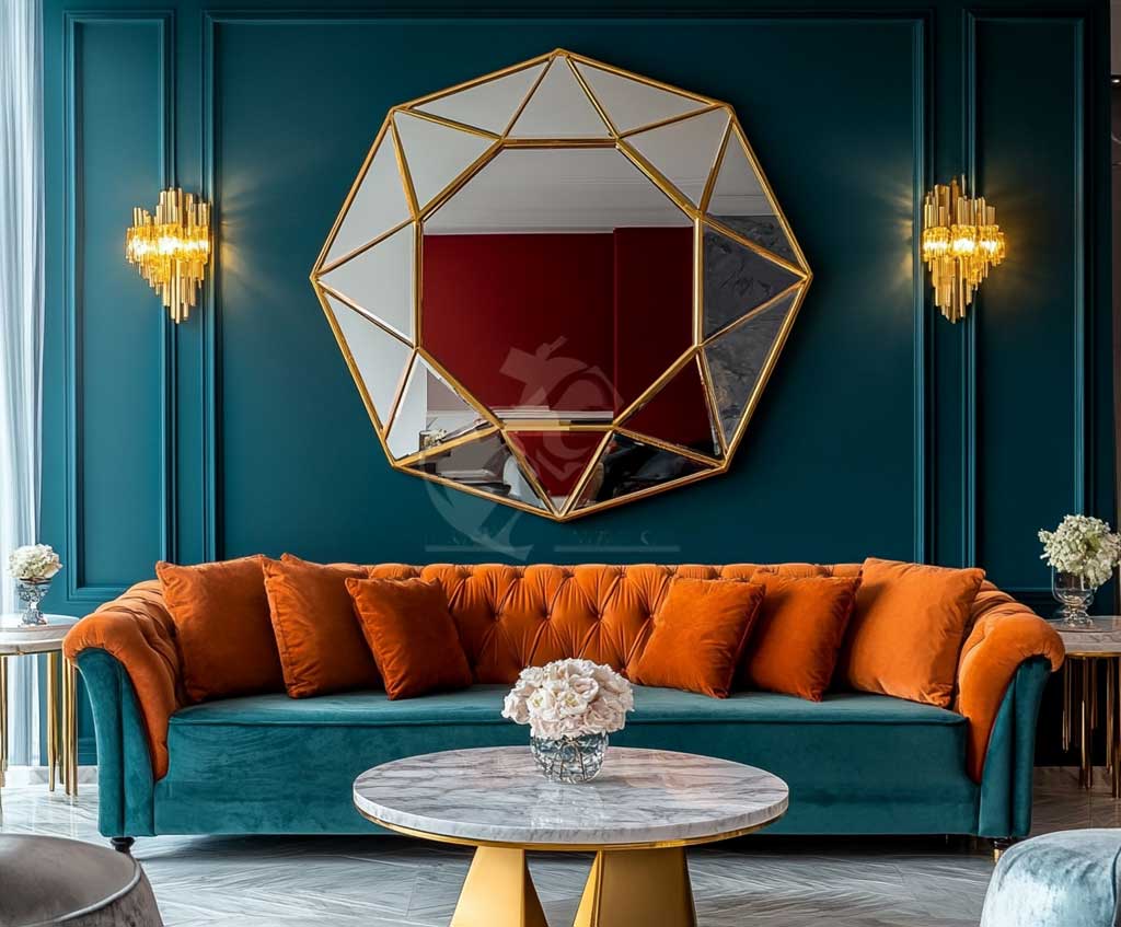 A glamorous Art Deco living room with luxurious velvet furniture in rich jewel tones, featuring a large geometric gold mirror on a dark teal accent wall. The mirror has sharp, angular edges, reminiscent of 1920s Art Deco style, and reflects the warm glow of golden sconces. The room is adorned with marble side tables, lush fabrics, and polished brass accents, creating an atmosphere of opulence and elegance.