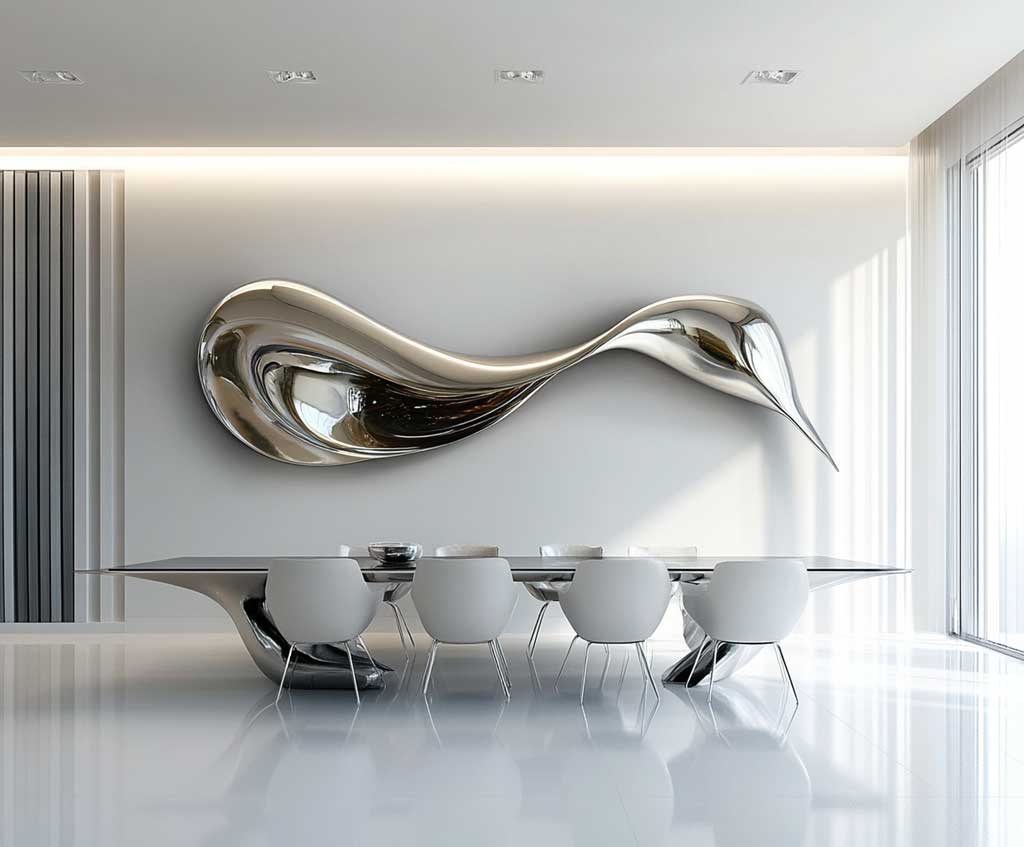 A large, contemporary dining area with sleek furnishings and a minimalist aesthetic. The centerpiece of the room is a bold metallic wall sculpture that spans across a white wall. The sculpture should have flowing, organic shapes, resembling fluid movement, in a polished silver or gold finish. The dining table is long with clean lines, surrounded by minimalist chairs, and natural light floods the space, highlighting the glossy surfaces and the metallic art piece on the wall.