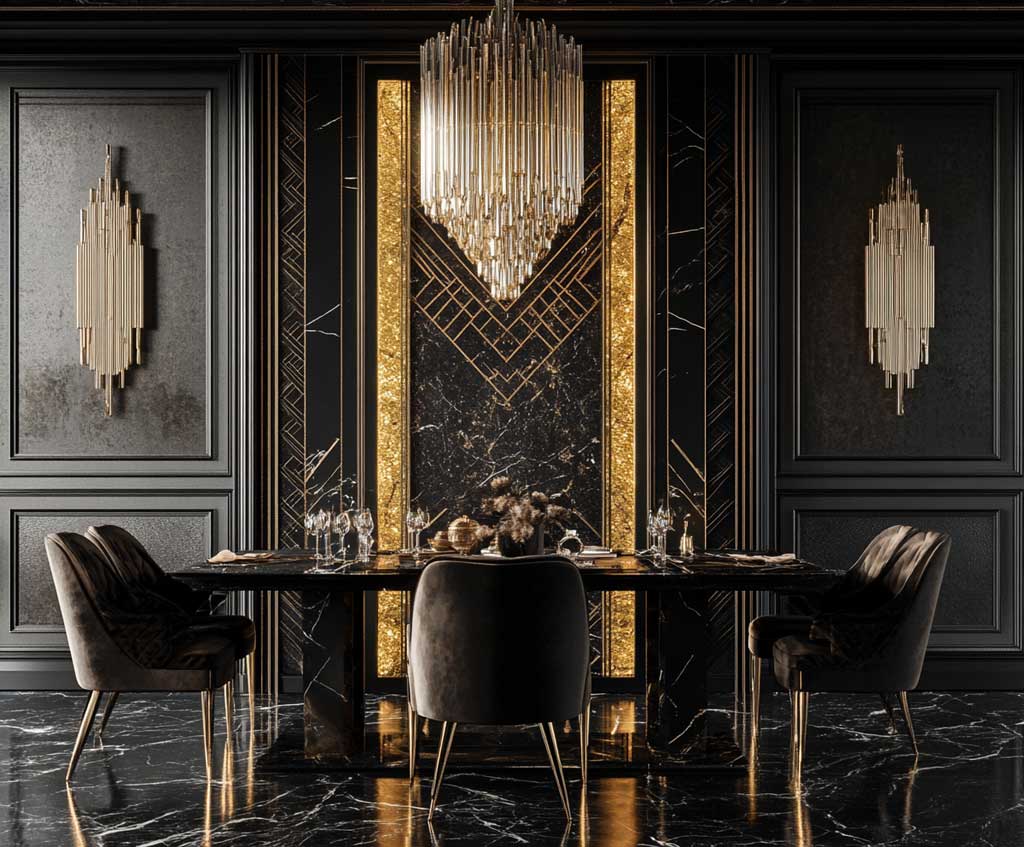 A sophisticated Art Deco dining room with tall, bold black and gold wall panels featuring intricate geometric patterns. The wall panels span the length of the room, with sleek, high-backed velvet chairs surrounding a dark marble dining table. The floor is polished black-and-white marble, with a chandelier dripping in crystal and gold illuminating the space. The atmosphere is one of opulence, grandeur, and sleek design.