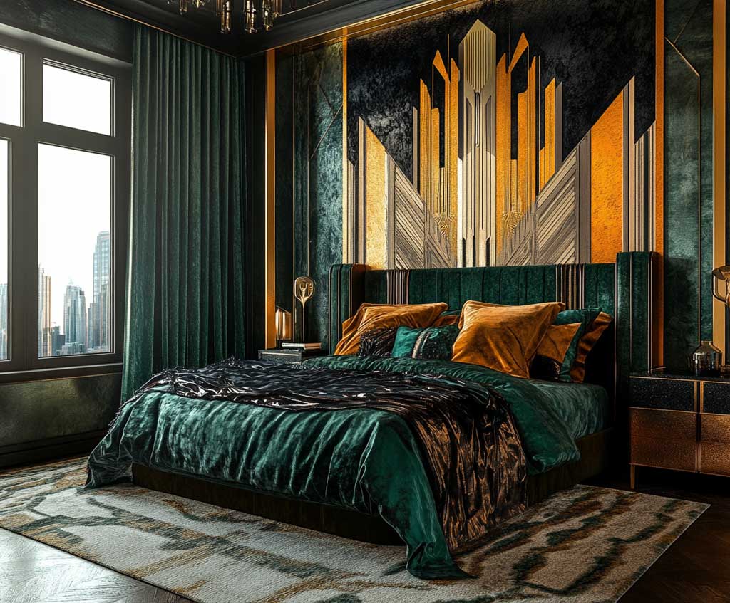A lavish Art Deco-inspired bedroom with an oversized mural covering the entire wall behind the bed. The mural features a stylized geometric cityscape in shades of gold, black, and emerald green, with sharp lines and metallic accents. The bed is adorned with luxurious silk bedding in deep jewel tones, and a plush rug adds texture. Tall, narrow windows allow soft light to enter, casting a gentle glow over the mural, enhancing the sense of luxury and bold design.