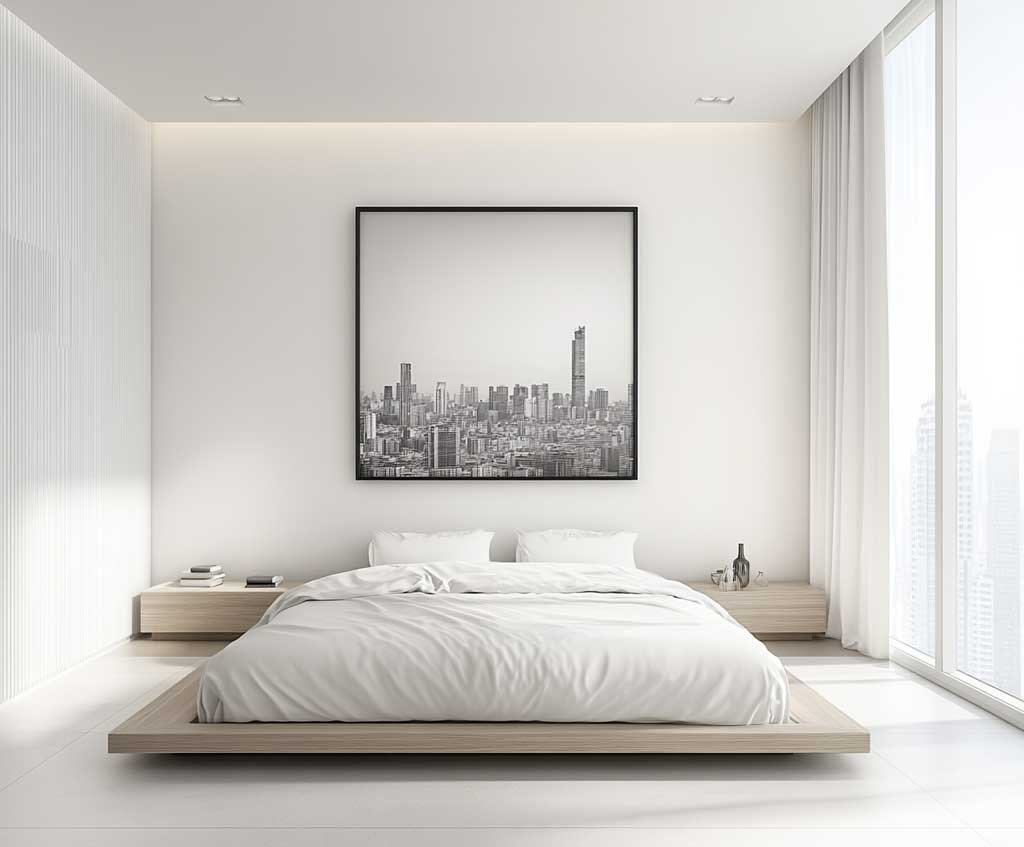 A minimalist bedroom with a large, oversized black-and-white photograph displayed on the main wall behind a low-profile bed. The photo should be a high-contrast cityscape, with sharp details of urban architecture, framed simply in a thin black frame. The room itself is decorated in neutral shades of white and gray, with minimal furniture, soft bedding, and natural light streaming through large windows, creating a serene and modern atmosphere.