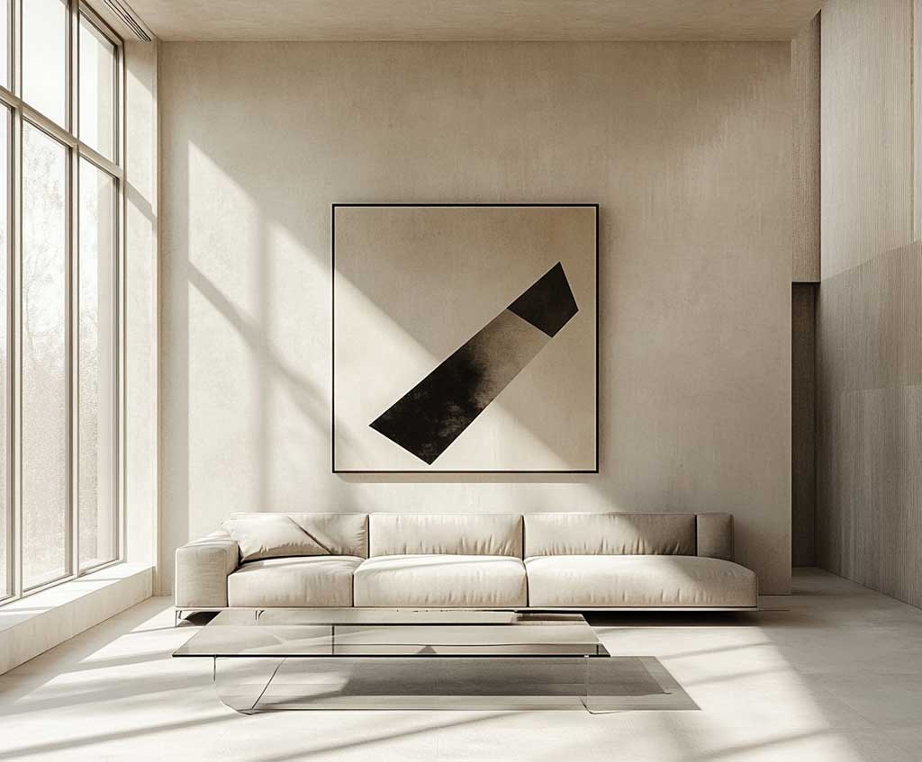 A sleek, minimalist living room with large windows, featuring a bold geometric abstract art piece hanging on a plain white wall. The art should be striking with contrasting black and white shapes, sharp angles, and clean lines. The room is decorated in neutral tones, with a single low-profile sofa and a glass coffee table. The sunlight pouring through the windows highlights the smooth texture of the walls, and the entire space exudes a modern, minimalistic atmosphere.