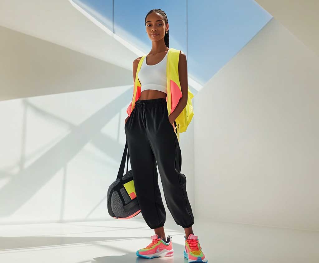 A full-length photo of a smiling supermodel dressed in a white tank top with a lightweight bomber jacket tied around the waist, black joggers, and colorful sneakers, standing in a minimalist interior. The outfit is completed with a sleek ponytail and a sporty duffel bag slung over one shoulder.