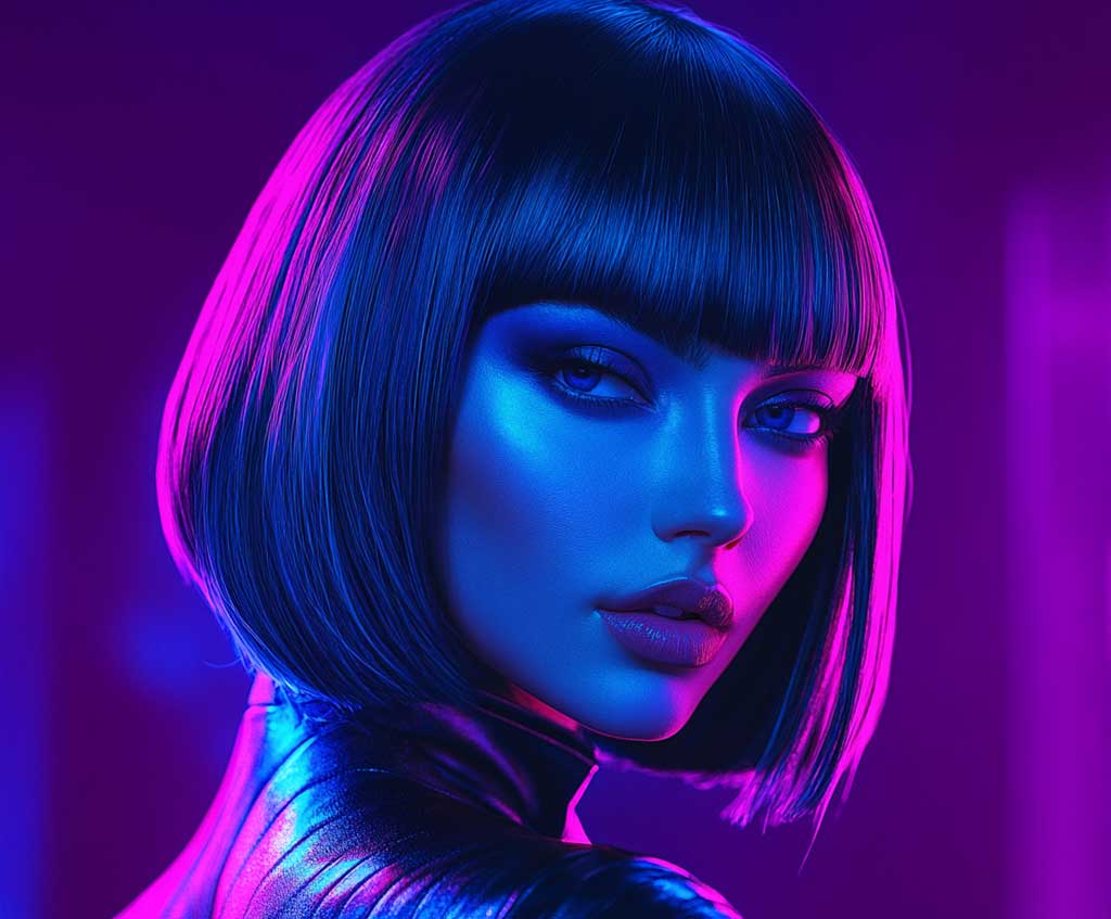 A striking image of a woman with an edgy, chin-length bob and sharp bangs, colored in electric blue. The vibrant color stands out against a dark background, with the neon hue seemingly glowing. Her intense look is enhanced by the sharp lines of her bob, and the sleek, futuristic outfit she wears complements the boldness of the hairstyle.