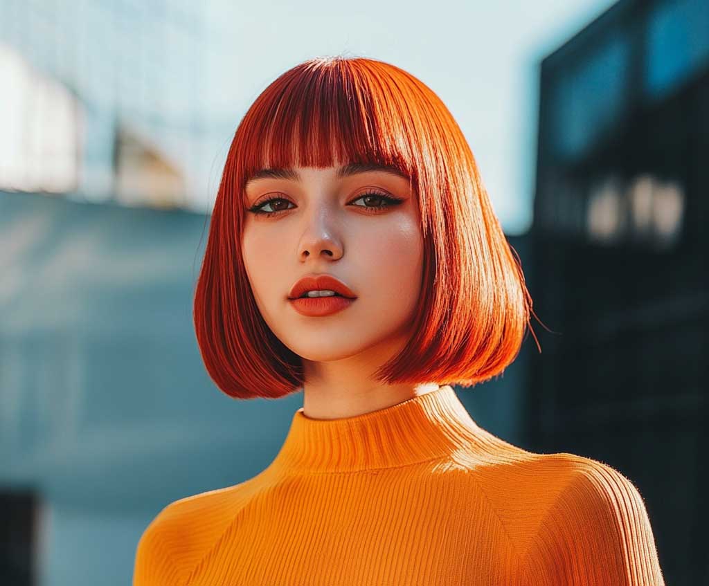 A stunning woman with a sleek, chin-length bob and blunt bangs, colored in a vibrant, fiery red shade. Her hair shines under natural sunlight, with warm highlights catching the light, enhancing the intensity of the red. She stands confidently in an urban setting, her hairstyle contrasting beautifully with her minimalist outfit and the clean lines of the background.