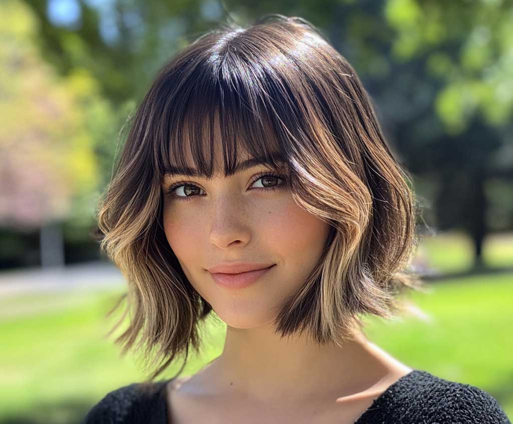 A woman with a chin-length bob and curtain bangs, her dark brown hair streaked with golden blonde highlights. The highlights catch the sunlight, adding dimension and a sun-kissed glow to the overall look. She stands in a sun-dappled park, with her highlighted bob shining against the natural, warm backdrop.