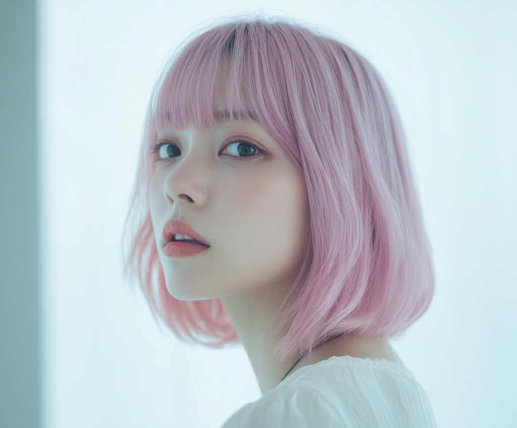 A fashionable woman with a pastel pink, chin-length bob, featuring soft, wispy bangs. The pastel color is delicate and fades slightly toward the tips, blending beautifully with the texture of her hair. She is positioned in a light-filled room with minimalist décor, her hair glowing softly in the natural light, adding an ethereal quality to her overall look.