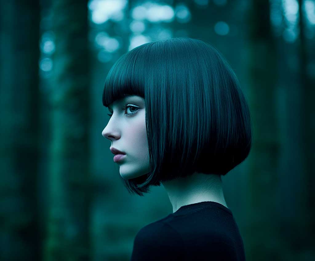A woman with a sleek, straight bob and blunt bangs, her hair dyed a deep, rich forest green. The green color has subtle undertones of black, giving the style a moody, mysterious edge. The woman stands against a background of tall, dark trees, her hair blending harmoniously with the natural environment while still standing out due to its glossy, well-defined texture.