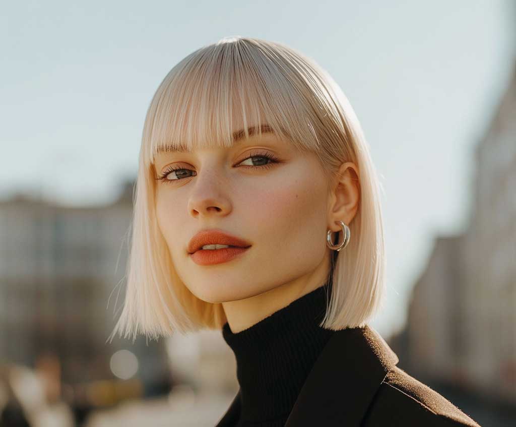 A sleek platinum blonde bob with straight, chin-length hair and soft bangs. The platinum color is bright and icy, reflecting the light in a way that emphasizes the sleekness of the style. The woman is outdoors on a crisp, sunny day, her hair contrasting sharply with her dark, minimalist wardrobe, creating a polished and high-fashion appearance.