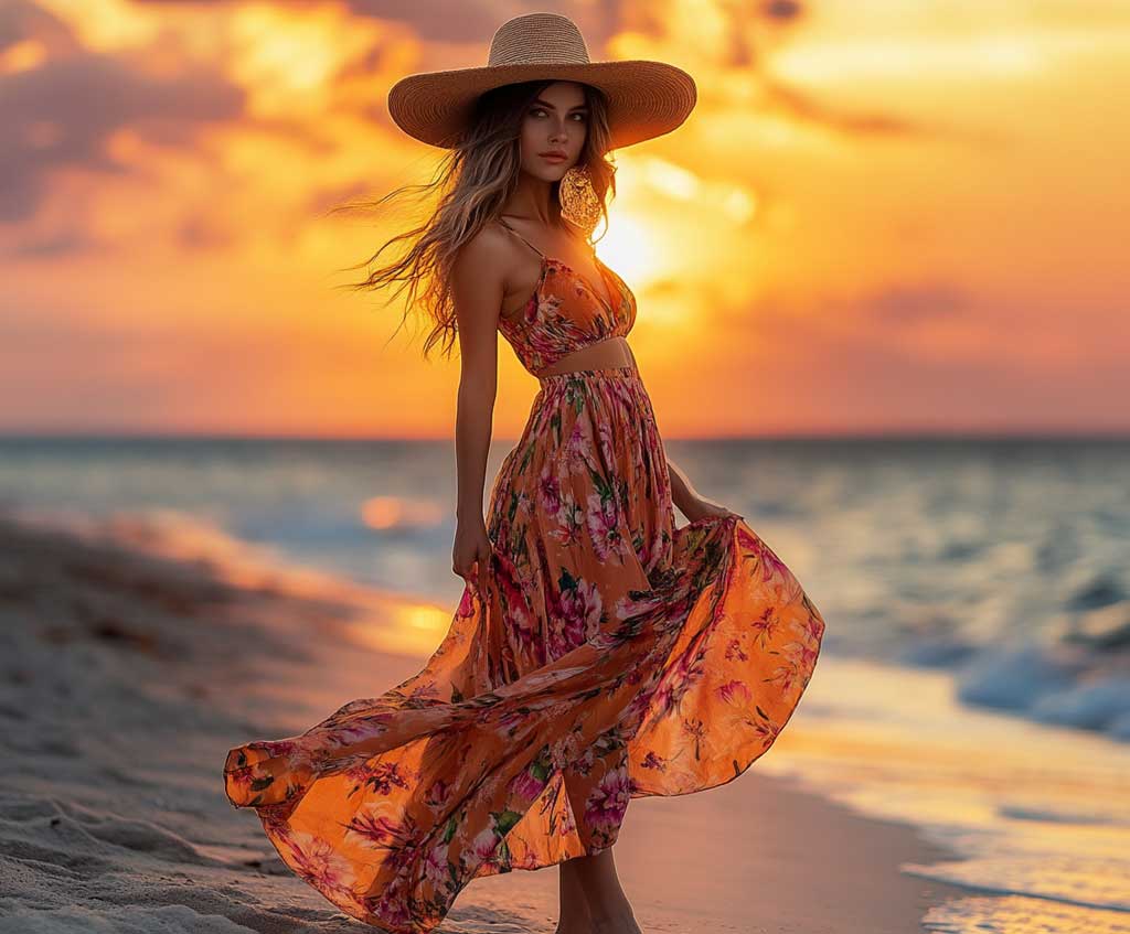 Bohemian woman standing barefoot on a sandy beach during sunset, wearing a long, flowy maxi dress in a vibrant floral pattern. She has a wide-brim felt hat on her head, the wind gently blowing through her hair. The sun is setting behind her, casting a golden-pink hue over the ocean and sky. The dress flows dramatically in the breeze, while the felt hat adds a structured but boho touch to the ensemble. The mood is relaxed yet stylish, with the ocean waves gently rolling in the background.