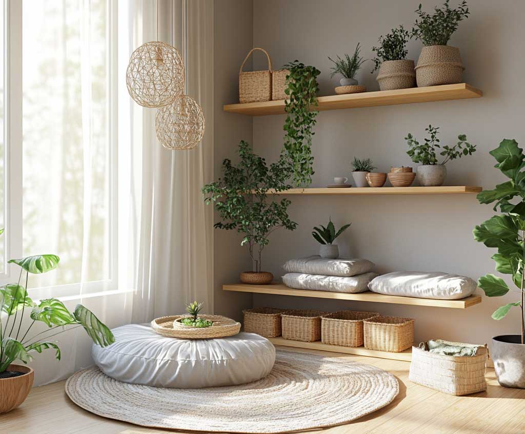 A cozy corner with light bamboo floating shelves, potted plants, bamboo storage baskets, a meditation cushion on the floor, and a large window allowing natural light to flood the area, creating a serene and earthy space.
