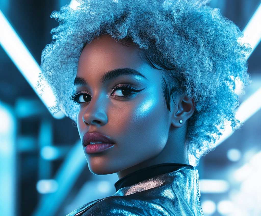 A full-face portrait of a confident woman with bold, subtle silver curls styled into a futuristic mullet. The curls are tight and textured, with a sharp, angular mullet at the back. The background is a futuristic cityscape with metallic tones and sleek architecture, adding to the bold and modern aesthetic of the hairstyle. The woman wears a silver metallic top, complementing her silver curls and creating a cohesive, futuristic look.