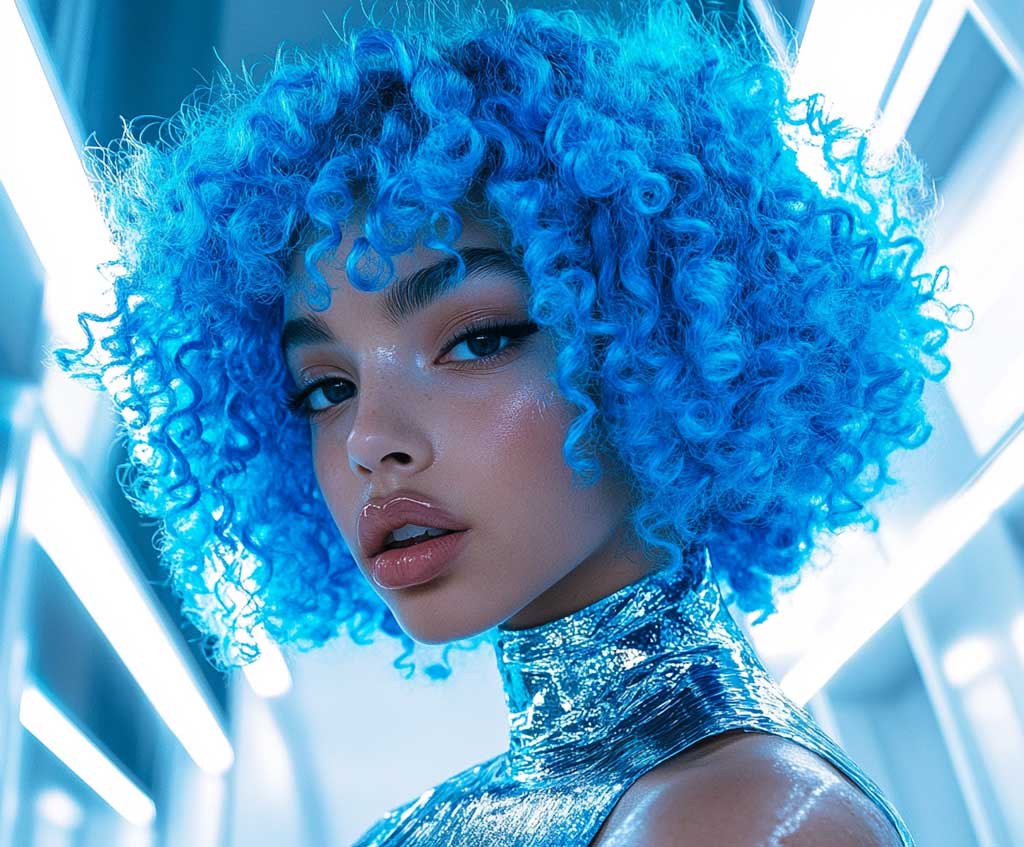 A close-up of a young woman with tight, vibrant blue curls styled into a mullet. The curls are dense and defined, with a sharp, angular mullet cut at the back. The background is a futuristic indoor setting with sleek metallic walls and bright white lighting that highlights the vibrant color of her hair. She wears a metallic silver top, her expression confident and edgy, as her hair gives off a strong, futuristic vibe.