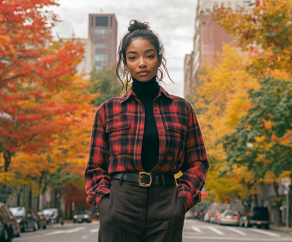 Polished flannel layering look with a waist belt and high-waisted trousers for autumn