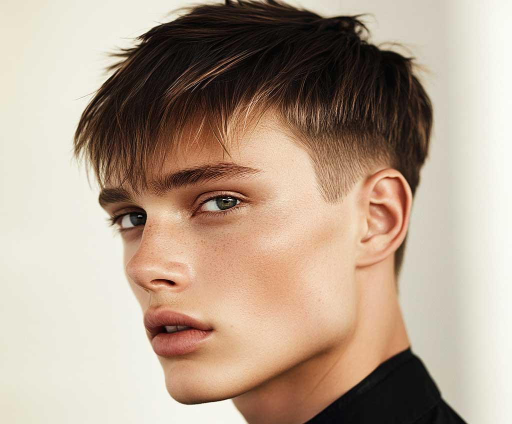A close-up of a male model with a sleek French crop haircut, showcasing a smooth transition from ash blonde on top to deep black at the sides. The hair is sharply defined with a modern edge, styled neatly with slight texture, set against a neutral, minimalist background to highlight the sharp contrast of colors.