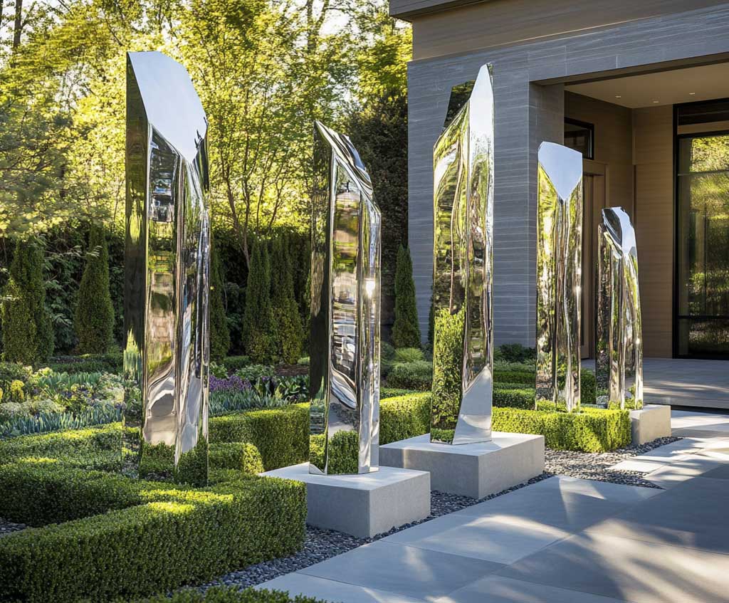 A front yard featuring modern art sculptures made from chrome and glass, with clean, minimalist lines. The sculptures are placed in a geometric garden with straight hedges and low-maintenance ground cover. The overall design is sleek and contemporary, with a bold color palette of green, gray, and black. The modern sculptures glisten under the sun, standing out as unique focal points in the space.