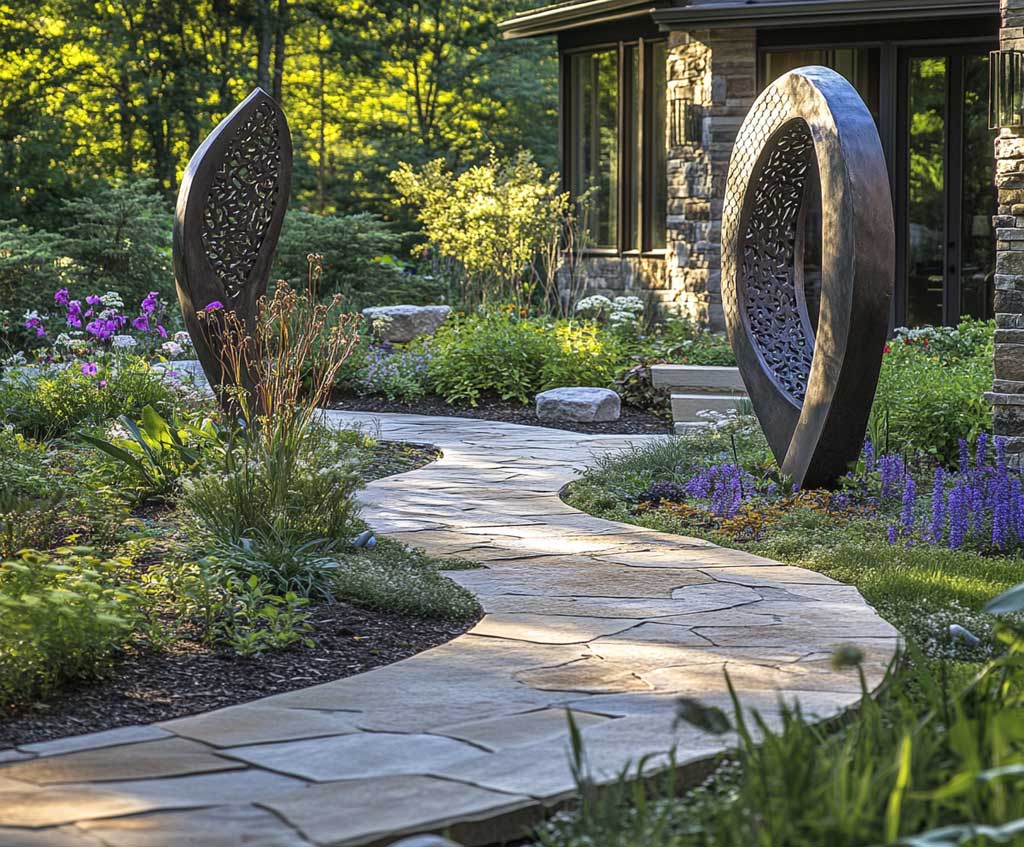 A front yard pathway designed with sculptural elements embedded along the sides. The path itself is made of natural stone, curving gracefully through a garden of native plants and flowers. Alongside the path, small metal sculptures and artistic stone carvings are placed at intervals, creating a whimsical, interactive walkway. The setting is lush and vibrant, with the sculptures adding charm and uniqueness.