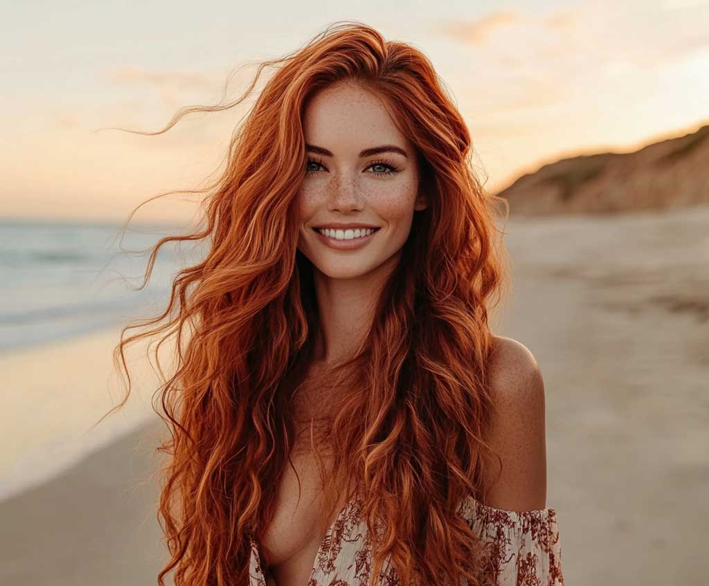 A woman standing on a beach at sunset, her long copper hair styled in loose, beachy waves. The waves are soft and voluminous, catching the warm hues of the setting sun. She smiles as the ocean breeze lifts a few strands around her face, creating a carefree yet polished look. The backdrop is a stunning beach scene with calm waves, golden sand, and soft sunlight reflecting off the water. She’s wearing a flowy, bohemian-style dress that complements the copper tones of her hair.