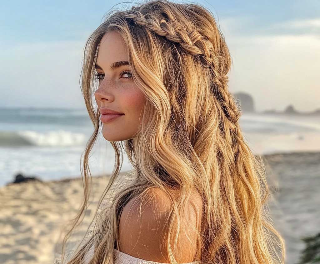 A woman at a beach party, her long sandy blonde hair styled into a boho-inspired braided crown. The braids are loose and relaxed, framing her face while the rest of her hair cascades in soft waves down her back. She is standing by the shoreline, smiling warmly as the sun begins to set, highlighting the blonde tones in her hair. Her outfit is a light, flowy sundress, and the backdrop features calm ocean waves and a warm beach scene.