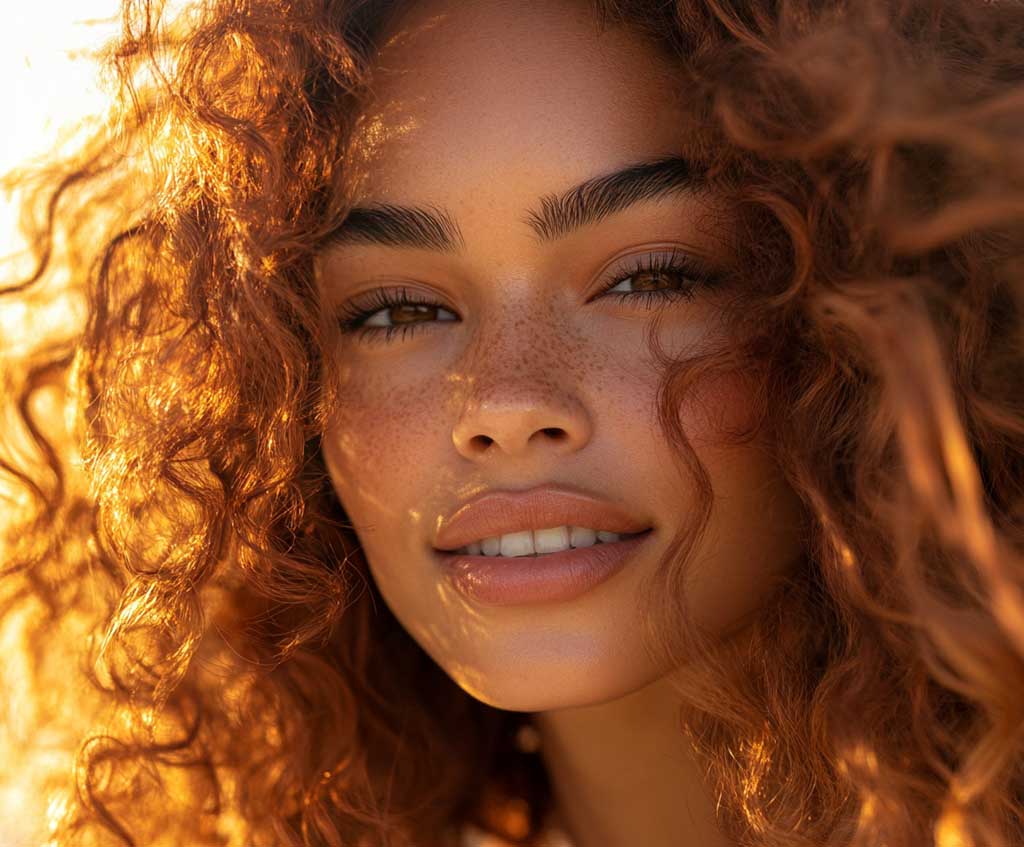 A close-up image of a woman with wavy, frizzy hair highlighted with rich copper streaks, standing in soft sunlight. The highlights catch the light, creating a warm, glowing effect on her natural waves, with a slight breeze tousling her hair for a relaxed look. She’s wearing a simple outfit with a neutral background, allowing the hair to be the focal point.