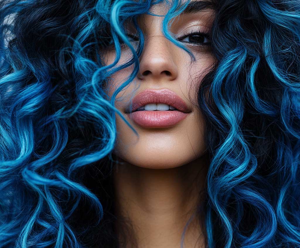 A dynamic close-up of a woman with wavy, frizzy hair styled in loose curls, featuring vibrant blue and deep black streaks. Her face is visible, with a playful expression, as her curls bounce with movement, showcasing the vivid contrast of blue and black. The bright blue streaks intertwine with the black base, creating a striking visual effect. The background is a vibrant outdoor scene, filled with natural light that enhances the colors and texture of her hair.