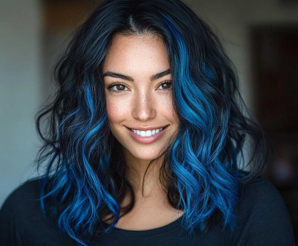 A portrait of a woman with wavy, frizzy hair subtly streaked with blue highlights over a base of deep black. Her face is softly lit, with a gentle smile, and the blue streaks blend naturally into her waves, adding a hint of color without overpowering the look. The black base provides depth, while the blue highlights catch the light, giving her hair a soft, ethereal shimmer. The background is a minimalist interior, ensuring all attention is on her hair.