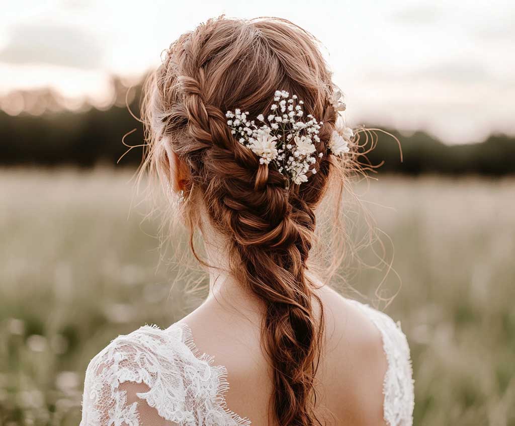 A bohemian bride with chestnut hair styled in a half up half down look. The top section of the hair is braided intricately, with loose tendrils framing the face. The remaining hair flows in soft, beachy waves, and small wildflowers are woven into the braids. The backdrop is a rustic outdoor wedding at sunset, with the bride wearing a flowing boho-style lace gown, completing the free-spirited look.