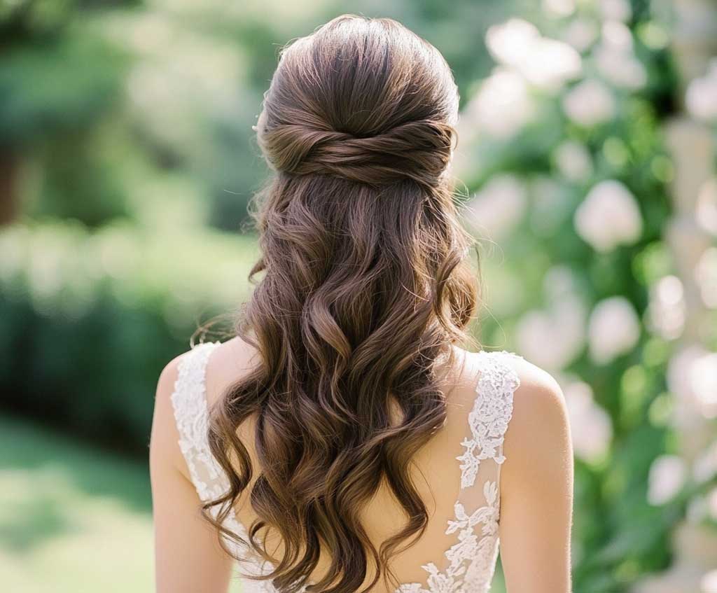 A bride with long, flowing brunette hair styled in an elegant half up half down fashion. The top section of the hair is gently pinned back, with soft, romantic waves cascading down the back. The hair shines under soft, natural light, creating a timeless and classic look. The setting is an outdoor wedding in a garden, with flowers subtly accentuating the hair, and the bride wears a delicate lace gown that complements the style.