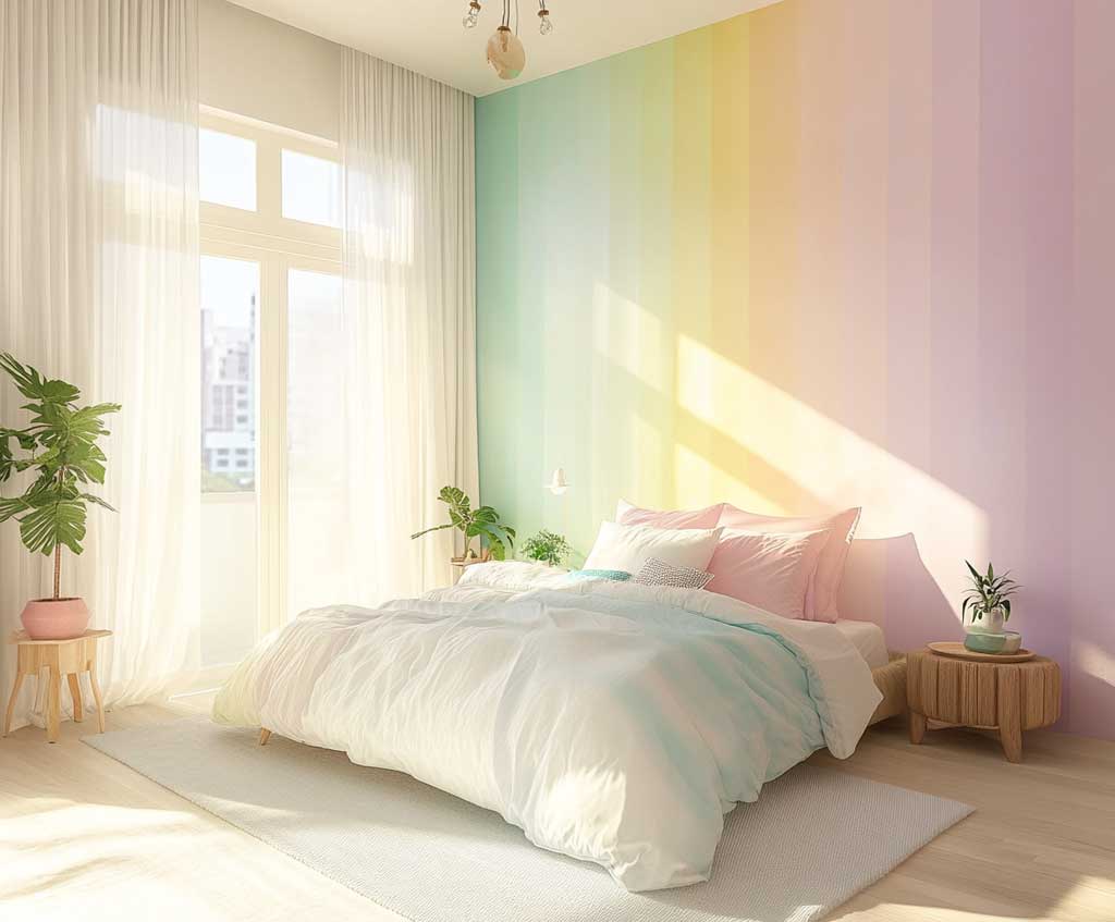 A bright and whimsical bedroom with pastel rainbow walls, designed to capture Gemini’s youthful and imaginative spirit; walls painted in soft, gradient pastel stripes of lavender, mint green, peach, and sky blue; light, airy curtains and bedding in white to balance the colors; minimalist, light wood furniture for a fresh and open feel; playful decor accents, such as colorful cushions and small potted plants; sunlight from large windows enhances the pastel hues, creating a cheerful and dreamy atmosphere.