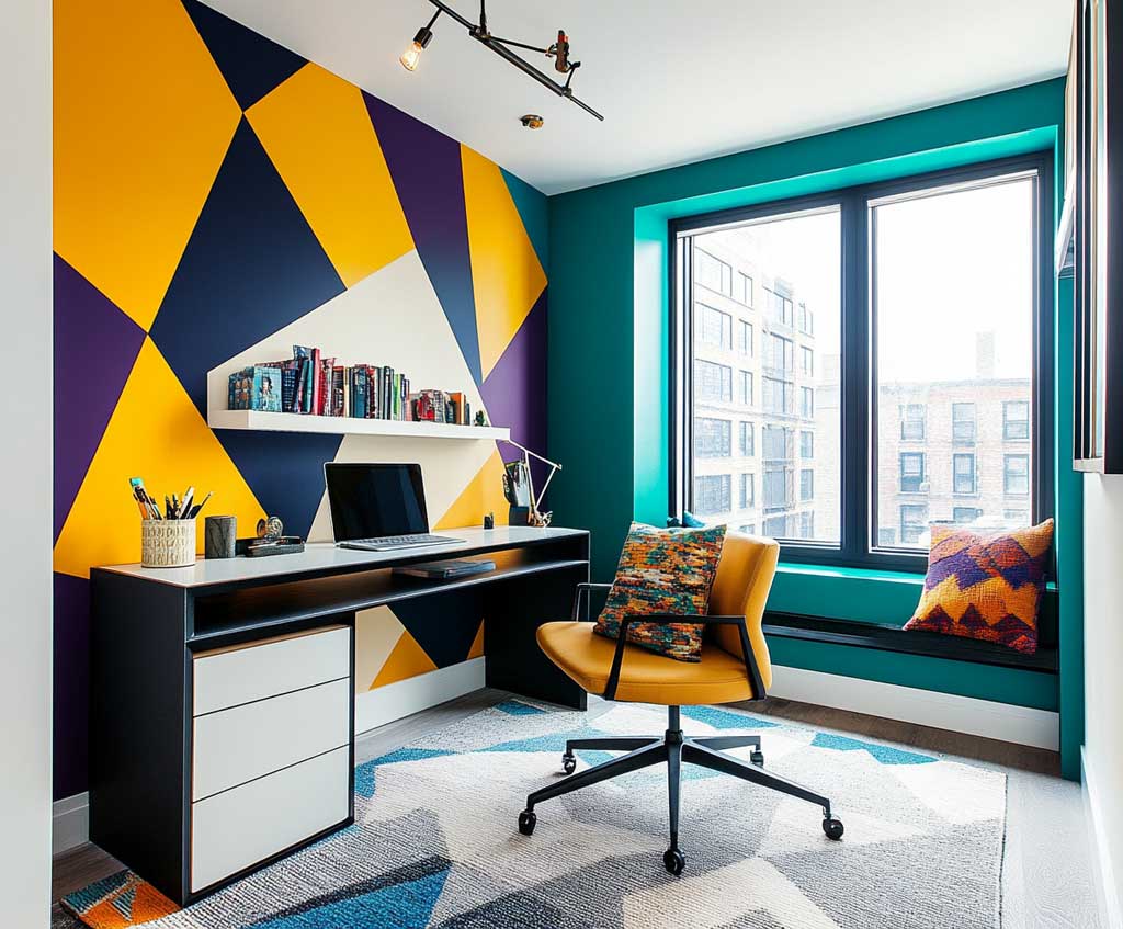 A modern study room with vibrant geometric wall patterns in bold colors, capturing Gemini’s love for playful and dynamic designs; walls painted with overlapping triangles in shades of teal, mustard yellow, and deep purple; modern desk and chair with sleek lines in black and white; minimalistic decor with pops of color in cushions and desk accessories; large window with natural light casting shadows on the geometric shapes, creating depth and dimension; a visually exciting room that inspires creativity and focus.