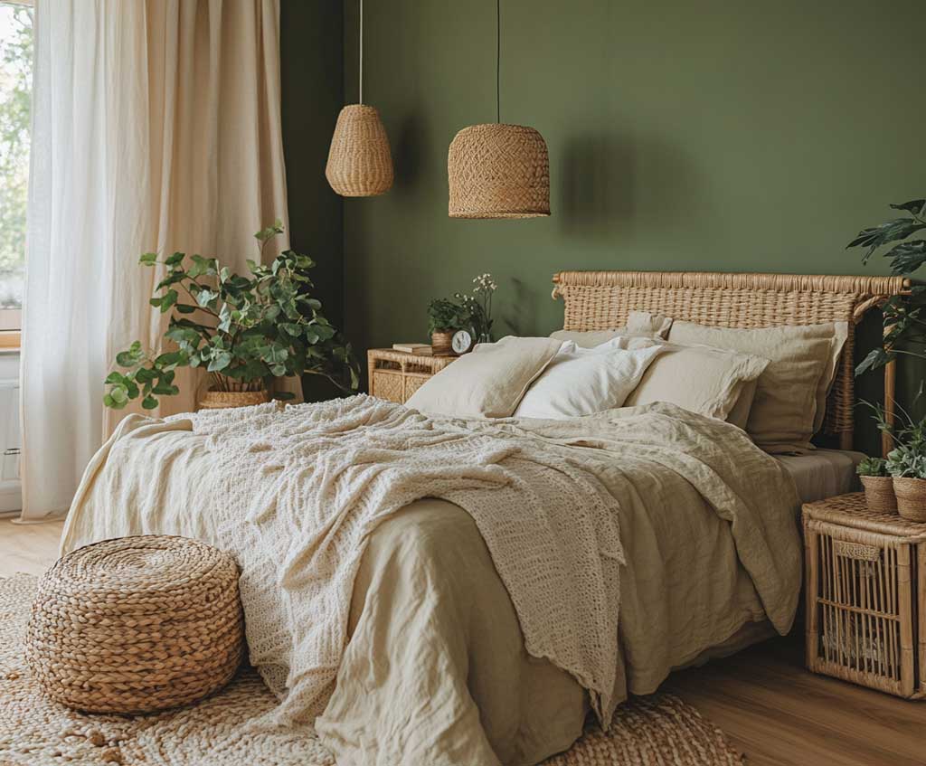 A serene bedroom with moss green walls, capturing the calming energy of Taurus; walls painted in a rich, muted moss green; natural linen bedding in shades of beige and cream; a wooden bed frame and side tables in light oak; woven baskets and light, airy curtains add texture; plants in clay pots on window sills bring life to the room; soft lighting from wall sconces and pendant lamps create a tranquil, soothing atmosphere, ideal for relaxation.