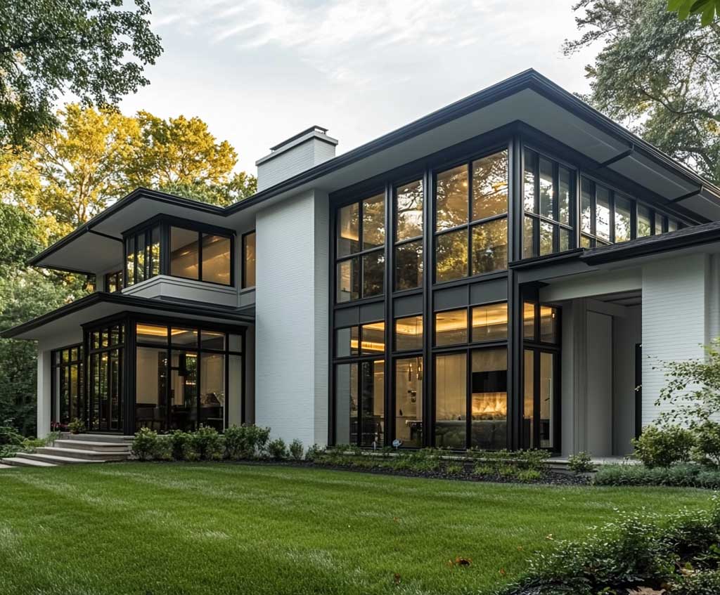 A modern classic house exterior featuring silver walls with charcoal trim, focusing on wide charcoal-framed windows and sleek charcoal doors. The photo is taken from a short distance, highlighting the clean lines of the windows and doors, with natural light reflecting off the silver walls for a contemporary look.