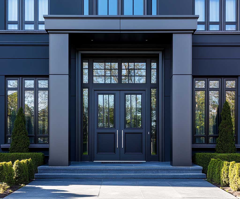 A modern classic house exterior featuring sleek charcoal walls with silver accents, focusing on symmetrical silver-framed windows and large double charcoal doors. The shot is taken from a short distance, highlighting the symmetry and balance of the doors and windows in soft daylight.