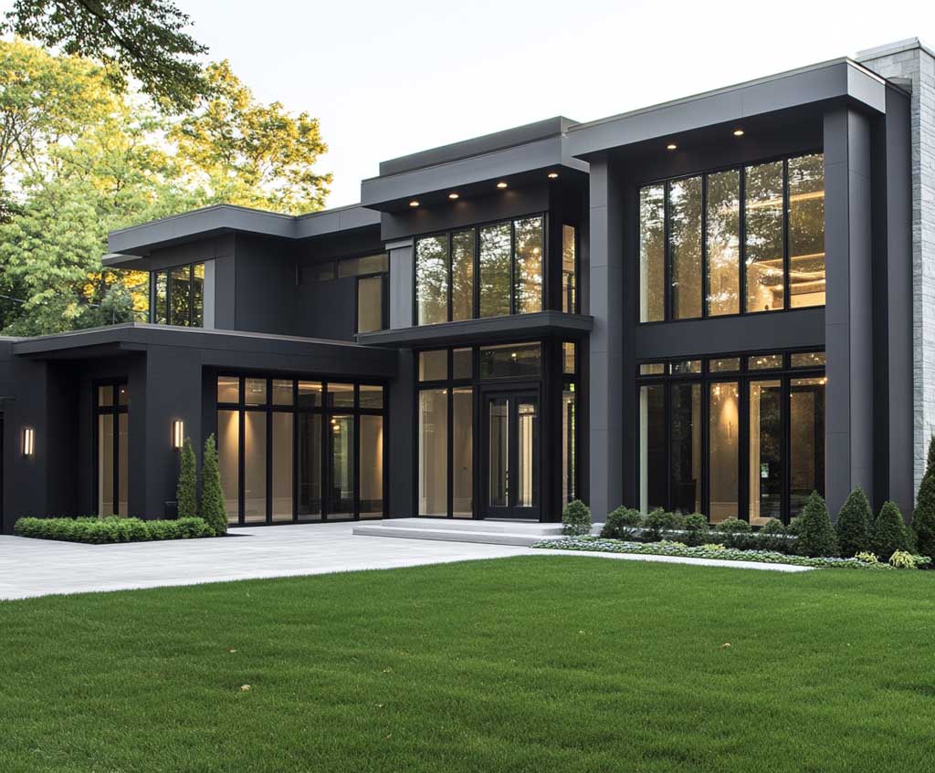 A modern classic house exterior with charcoal walls and silver trim, featuring sleek glass doors and large silver-framed windows. Taken from a short distance, this image highlights the doors and windows in soft natural light, emphasizing the contrast between the deep charcoal walls and the bright silver accents.