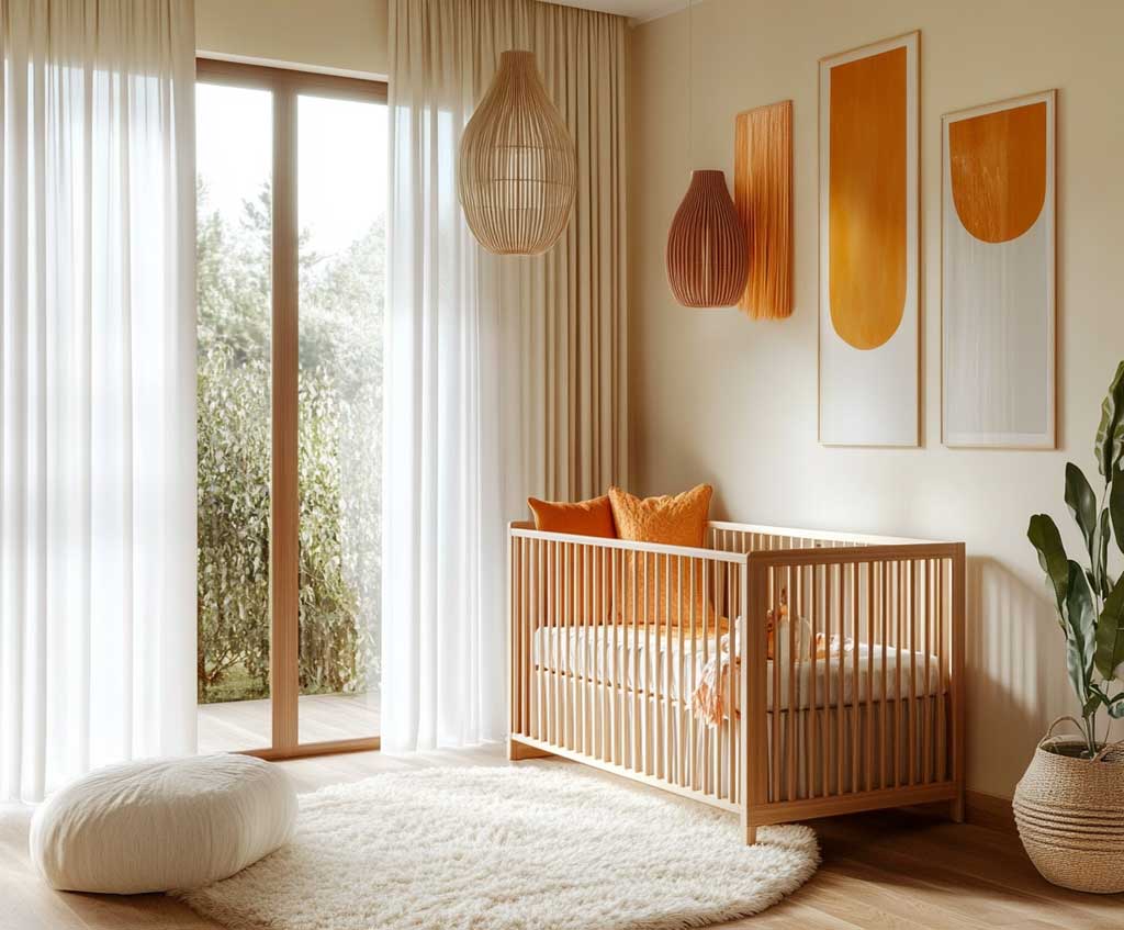 A serene nursery with ivory-colored walls, a soft orange crib in the center, and light wooden floors. The crib has a matching soft orange bedding set, with a plush ivory rug beneath. The room is decorated with minimal wall art, featuring subtle orange and ivory tones, and natural light streaming in through large windows with sheer ivory curtains.
